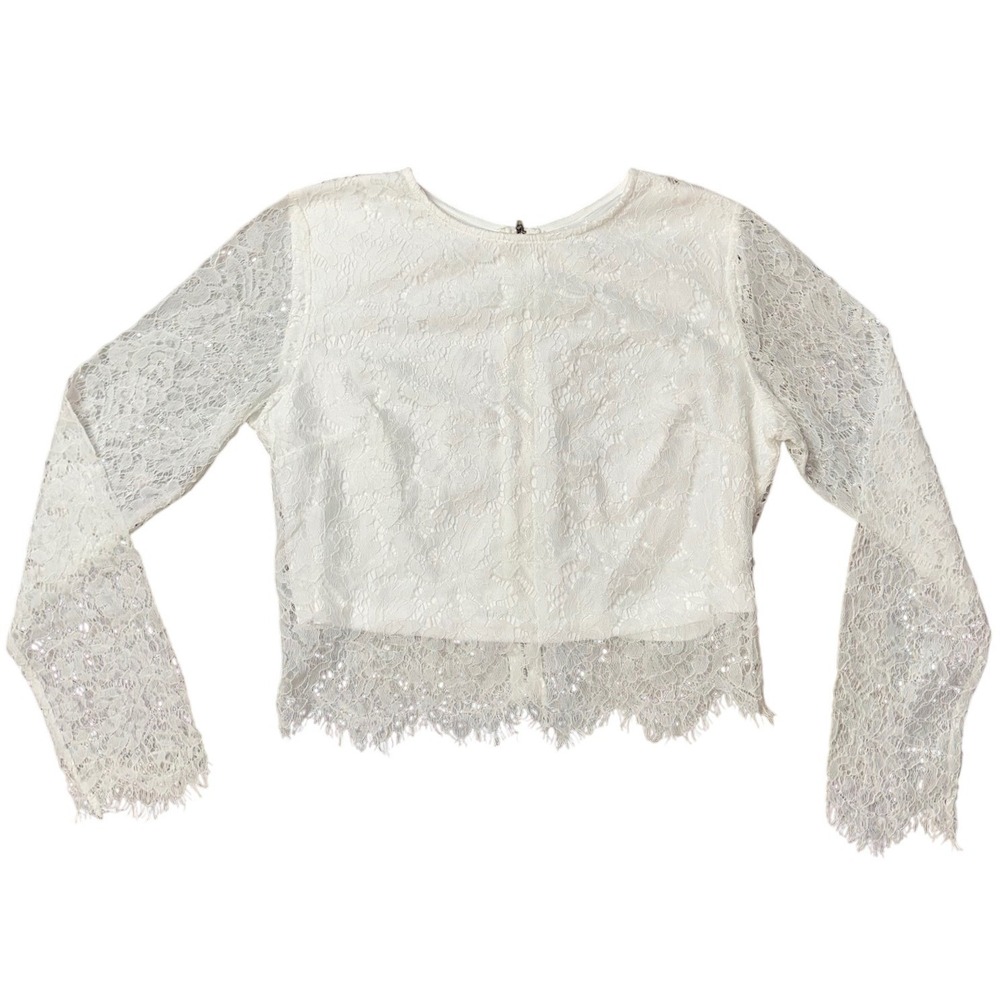 White Floral Lace Long Sleeve Crop Top Back Zipper Eyelash Trim Size L